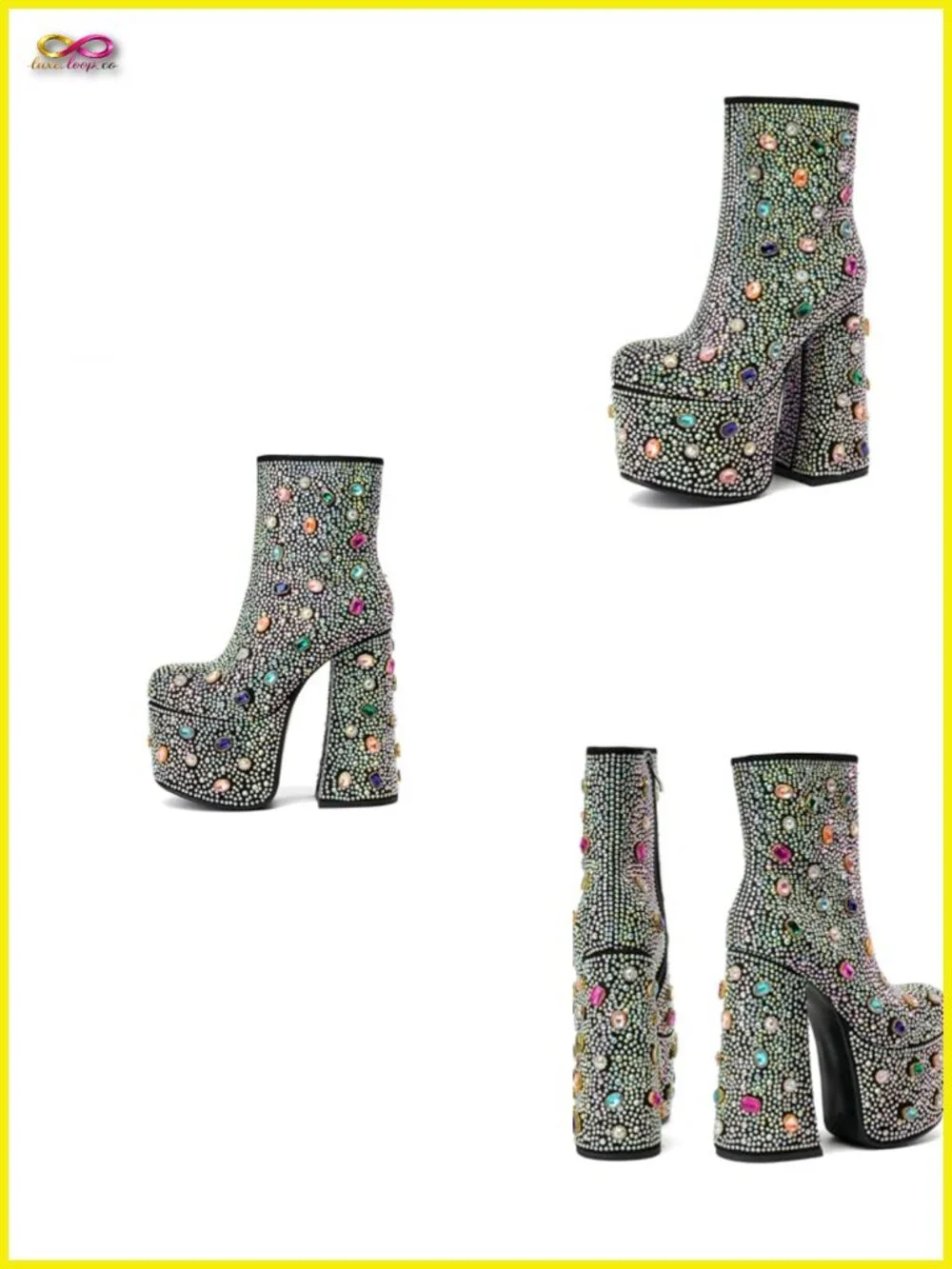 Rhinestone Platform Boots with Chunky Heel - Sparkly Ankle Boots for Party &
